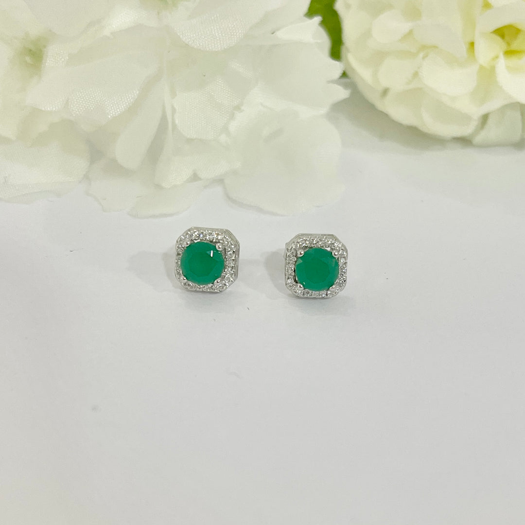 Aretes de Plata Cuadro Verde 8MM