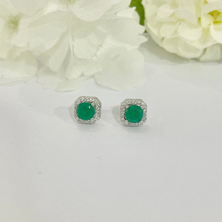 Aretes de Plata Cuadro Verde 8MM