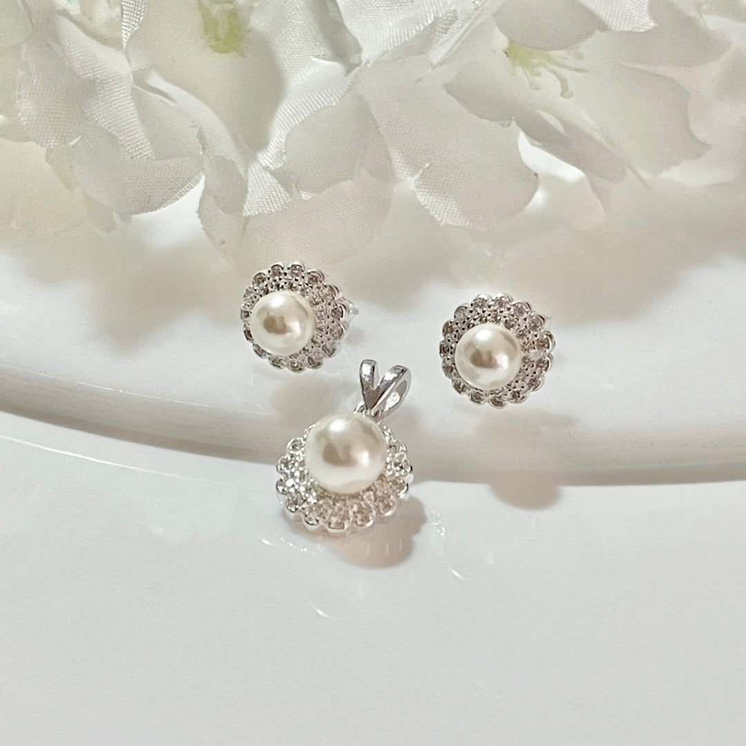 Juego Plata Perlas Flor Muchos Pétalos 💐