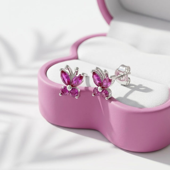 Aretes Plata Mariposa Fucsia
