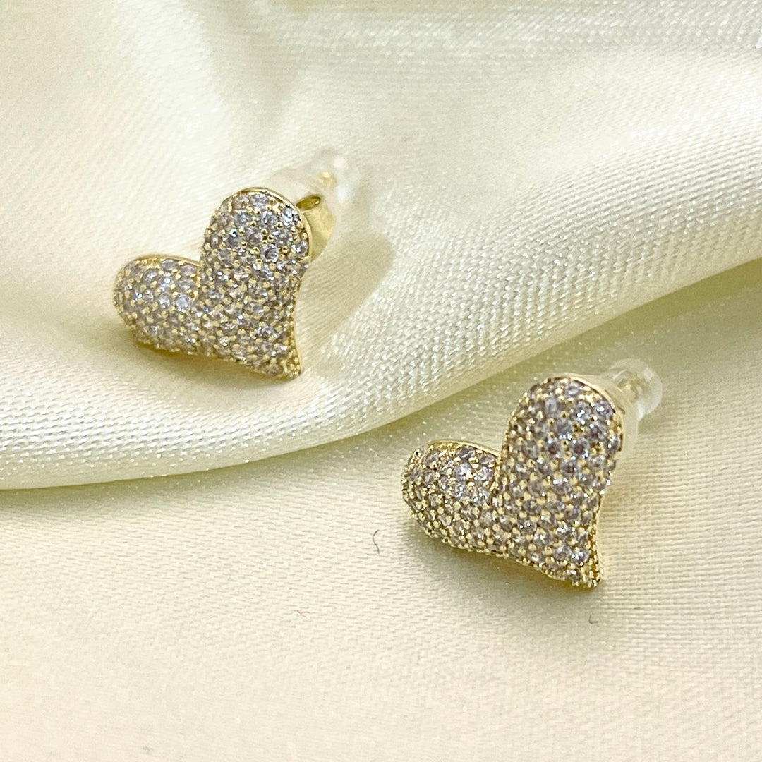 Aretes de Acero Corazón Dorado con Circonia