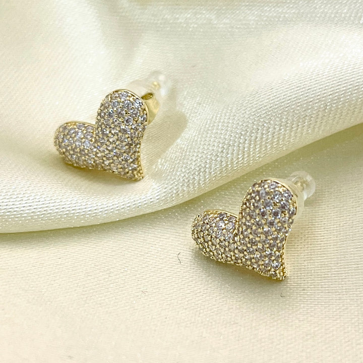 Aretes de Acero Corazón Dorado con Circonia