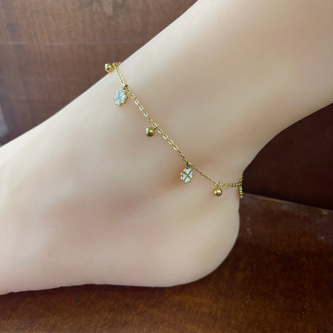 Tobillera Acero Dorada Tréboles Blancas🍀