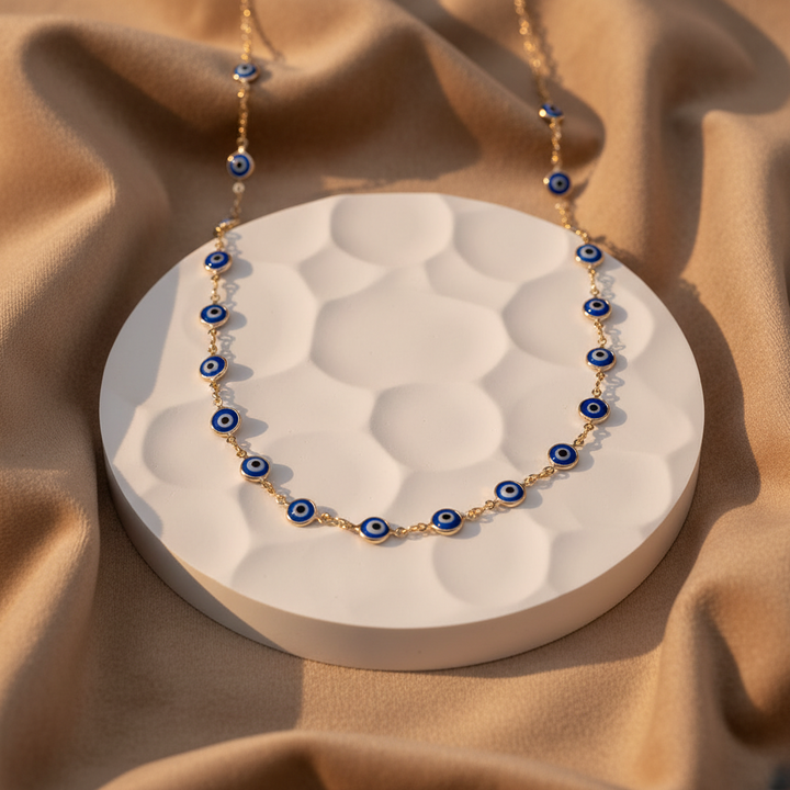 Collar de Acero Ojo Turco Azul Dorada