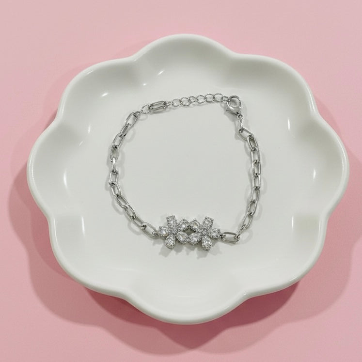 Pulsera Acero Dos Flores Plateada 🌺🌺