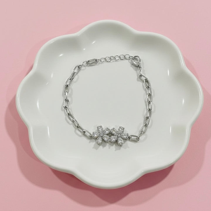 Pulsera Acero Dos Flores Plateada 🌺🌺