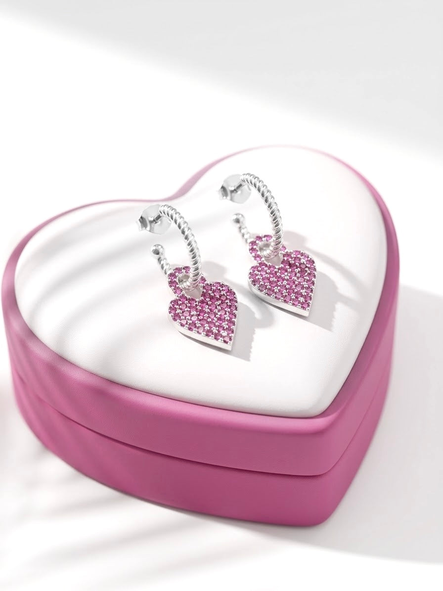 Aretes Plata Corazones Fucsia