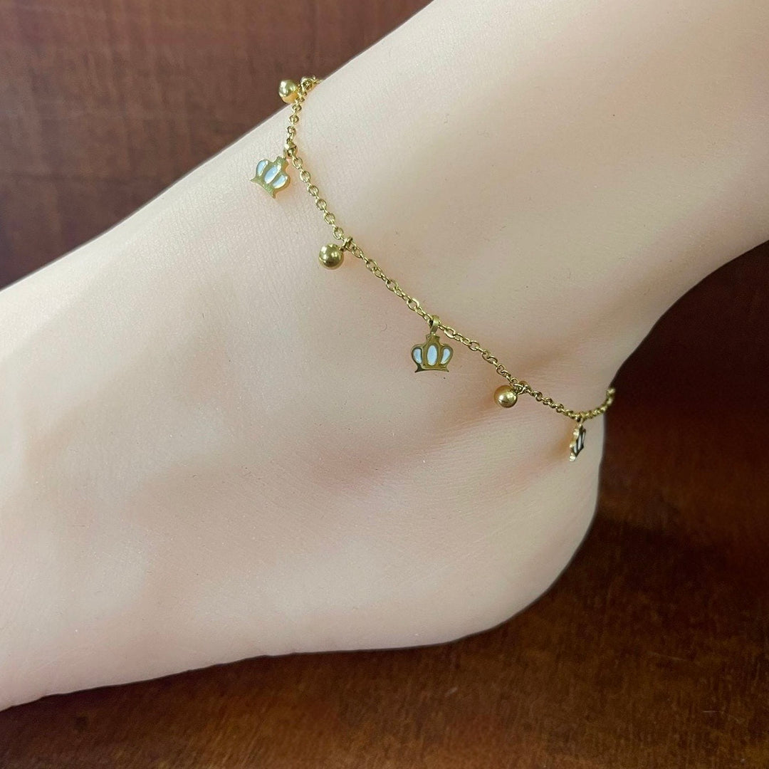 Tobillera Acero Dorada Coronas Blancas👑