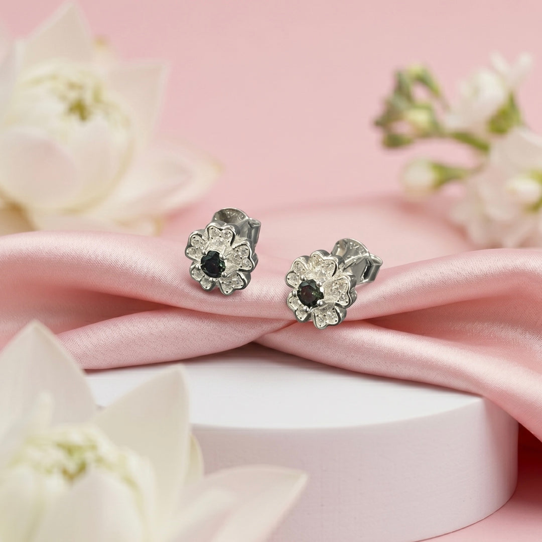 Aretes de Plata Flor Circonita Topacio con Borde Decorado 8,5MM