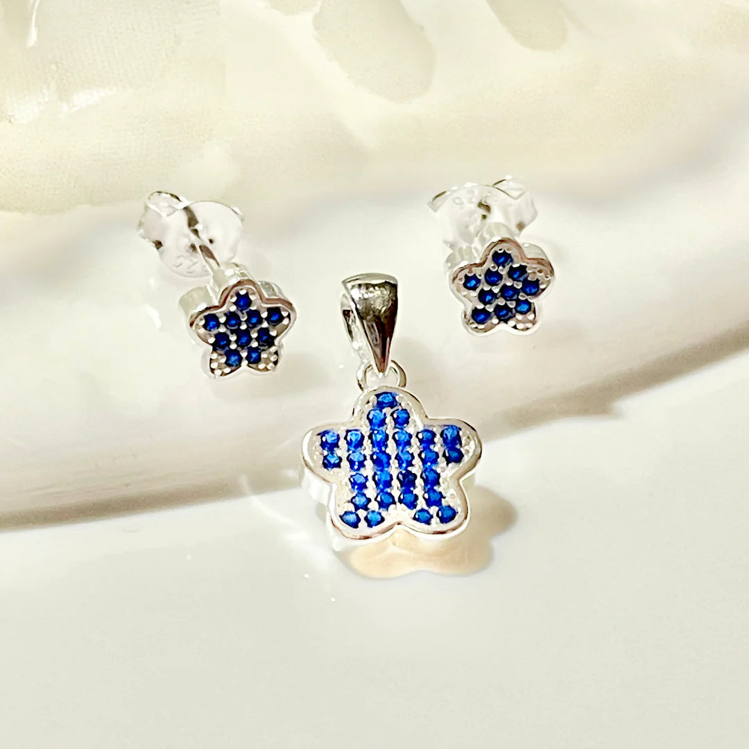 Juego Plata Flor Brillo  Azul 🟦