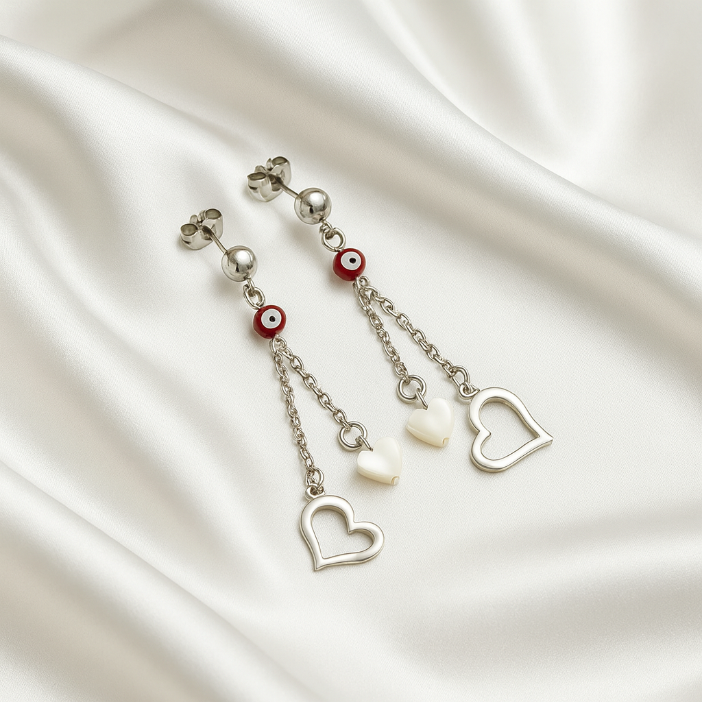 Aretes de Acero Largo ojo Turco Rojo corazón ♥️