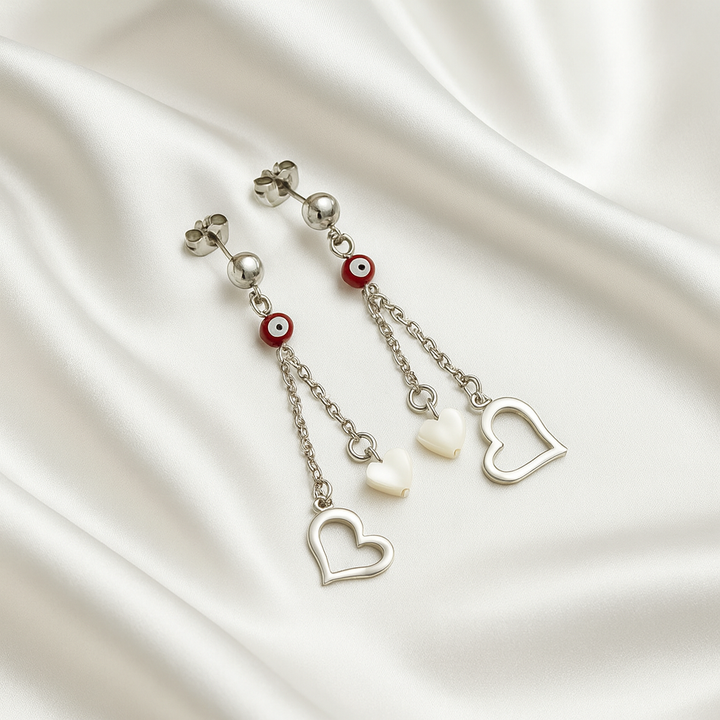 Aretes de Acero Largo ojo Turco Rojo corazón ♥️