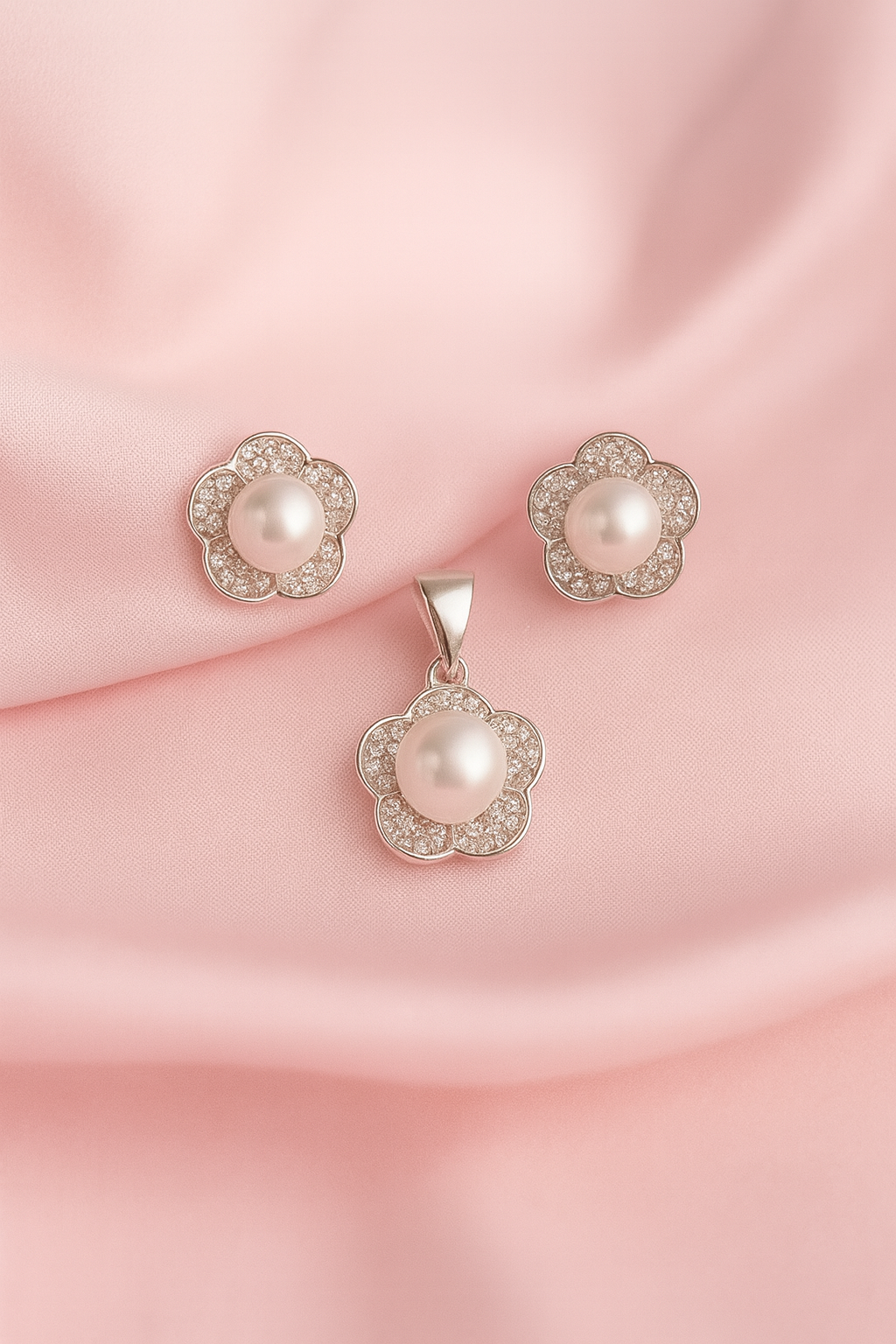 Juego Plata Perlas Flor 🌹 Brillante