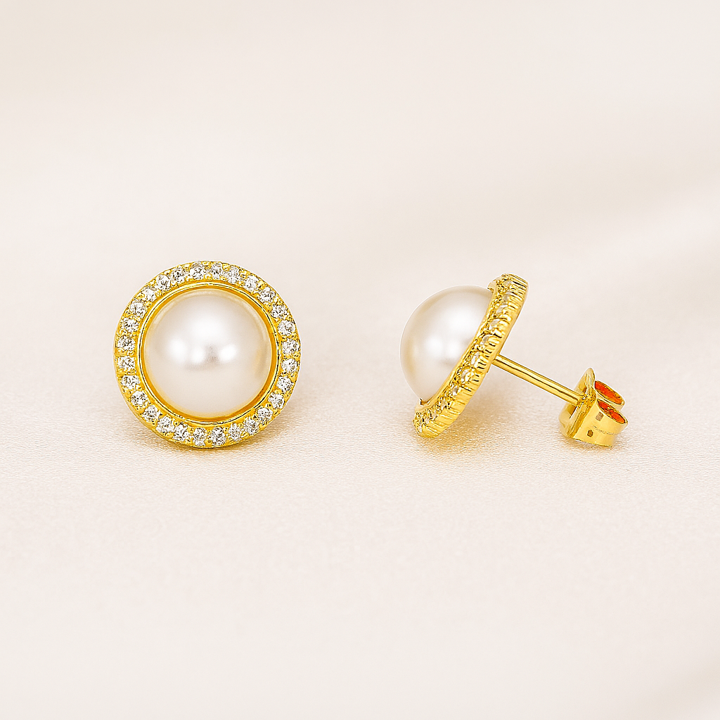 Aretes de Acero Dorado Perla Celestial