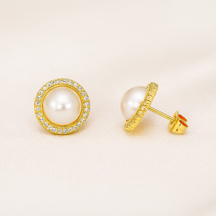 Aretes de Acero Dorado Perla Celestial