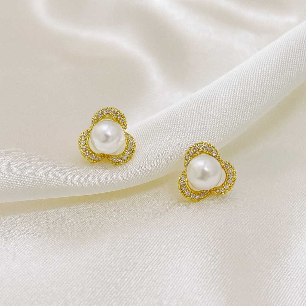 Aretes Acero Flor Dorada con perla