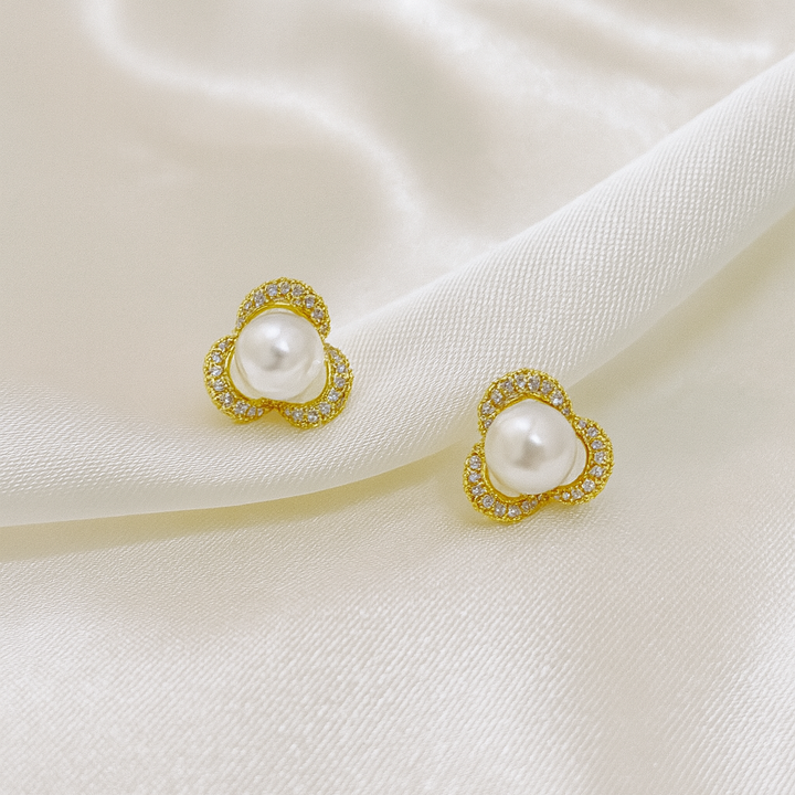 Aretes Acero Flor Dorada con perla