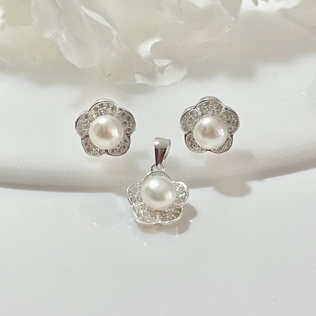 Juego Plata Perlas Flor 🌹 Brillante