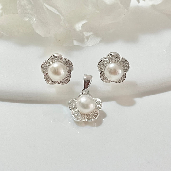 Juego Plata Perlas Flor 🌹 Brillante