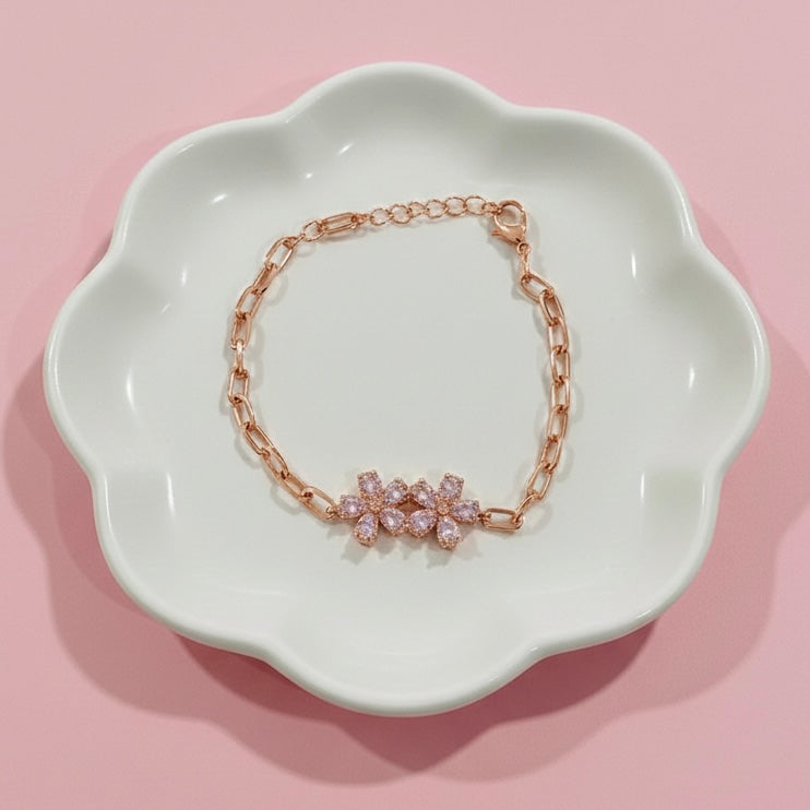 Pulsera Acero Dos Flores Oro Rosa 🌸🌸