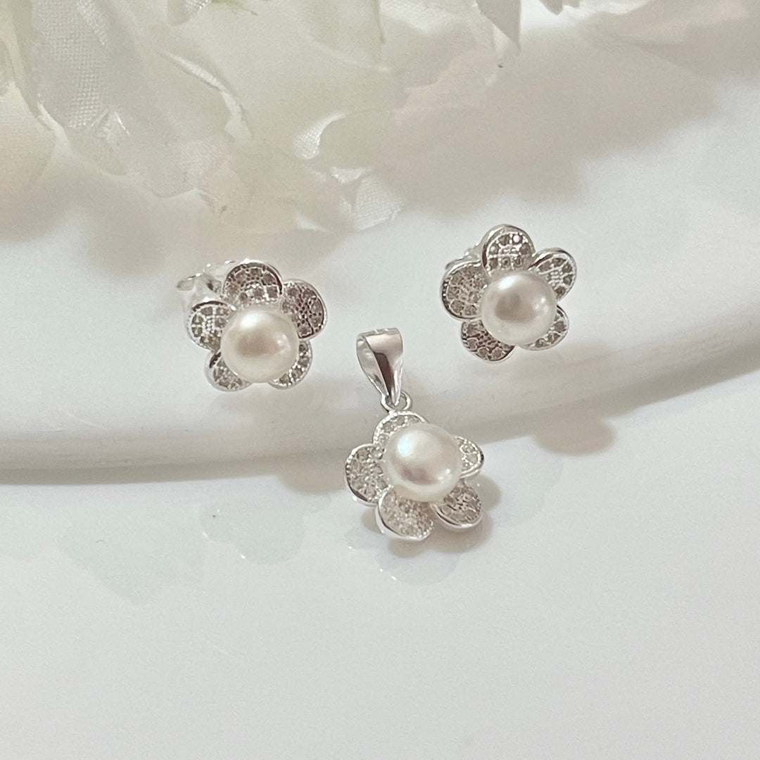 Juego Plata Perlas Flor Cinco Pétalos Grande