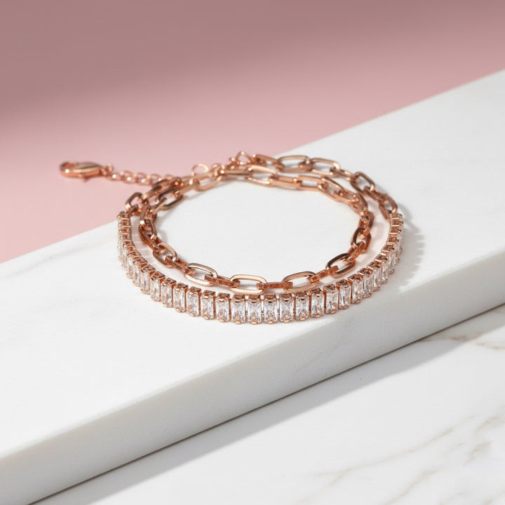 Pulsera Acero ✨ Doble Baguettes Oro Rosa