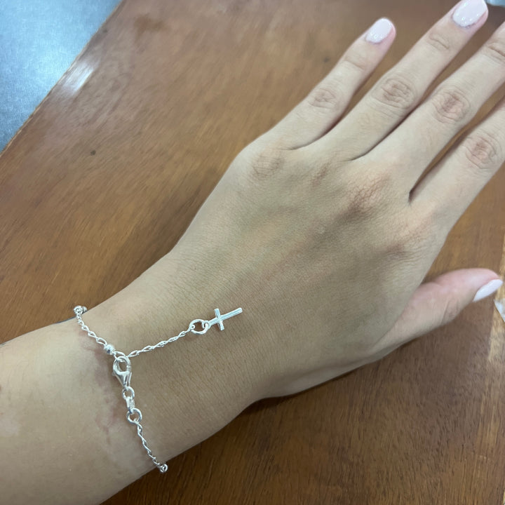 Pulsera Cruz Bola Diamantada 3mm Plata 925