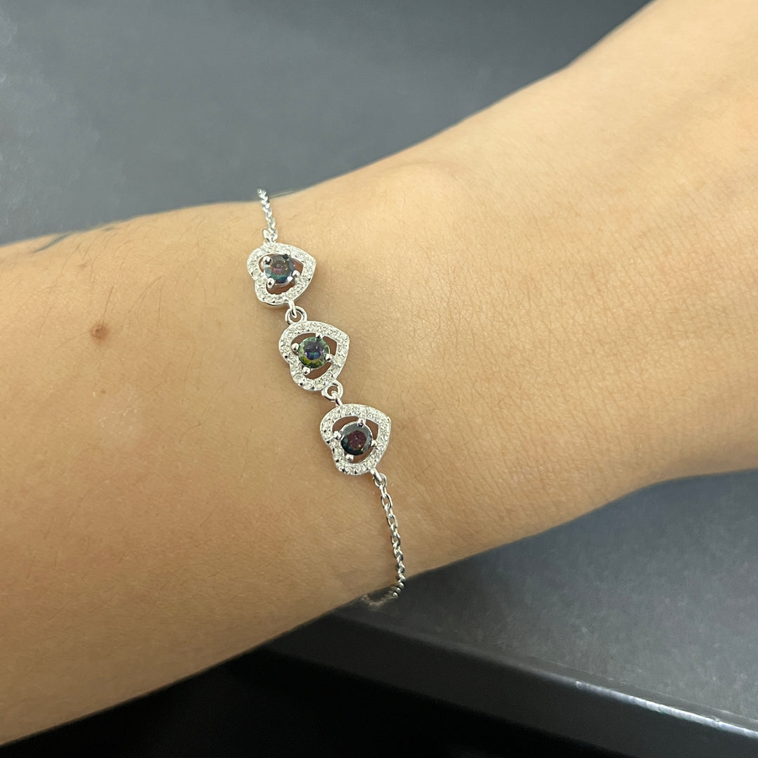 Pulsera Plata Triple Corazón Topacio Místico