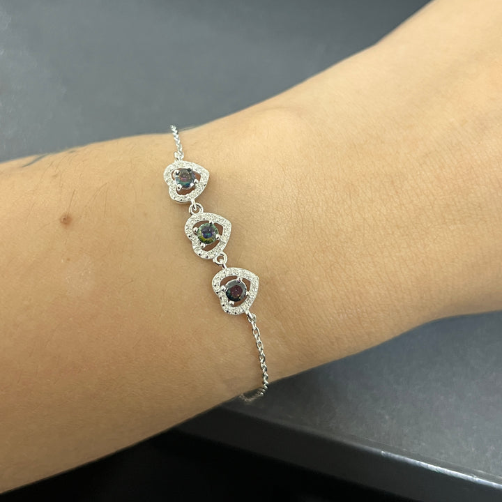 Pulsera Plata Triple Corazón Topacio Místico
