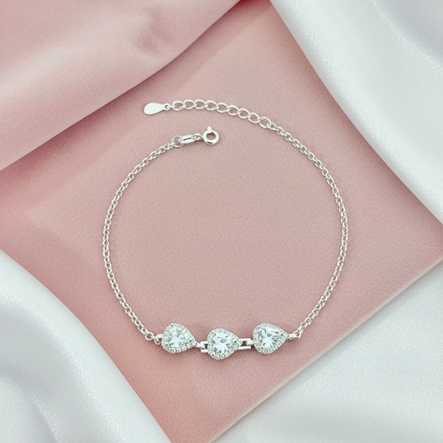 Pulsera Plata Triple Corazón