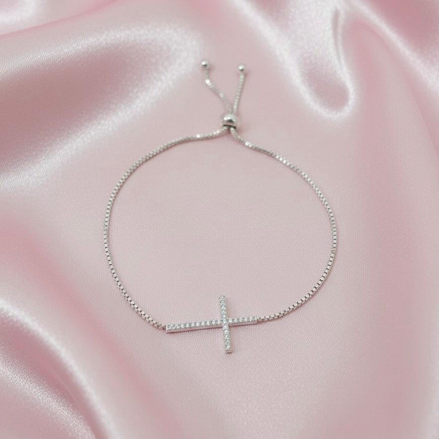 Pulsera Plata Cruz Ajustable