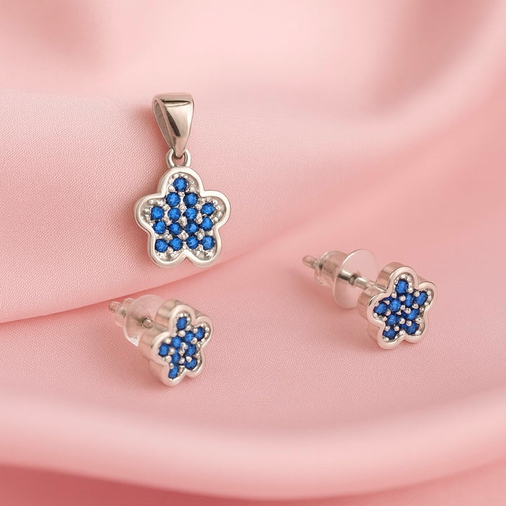 Juego Plata Flor Brillo  Azul 🟦