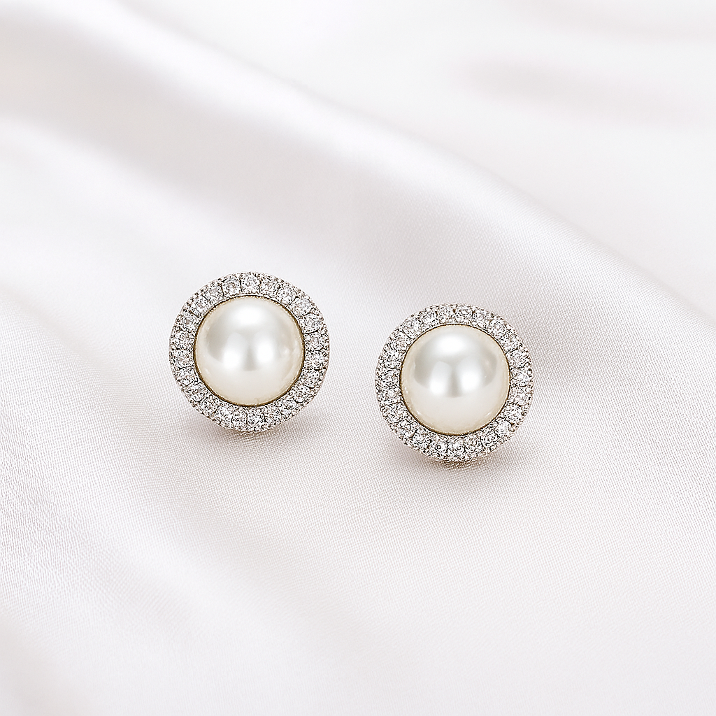 Aretes de Acero Prensa Plateada Perla Divina