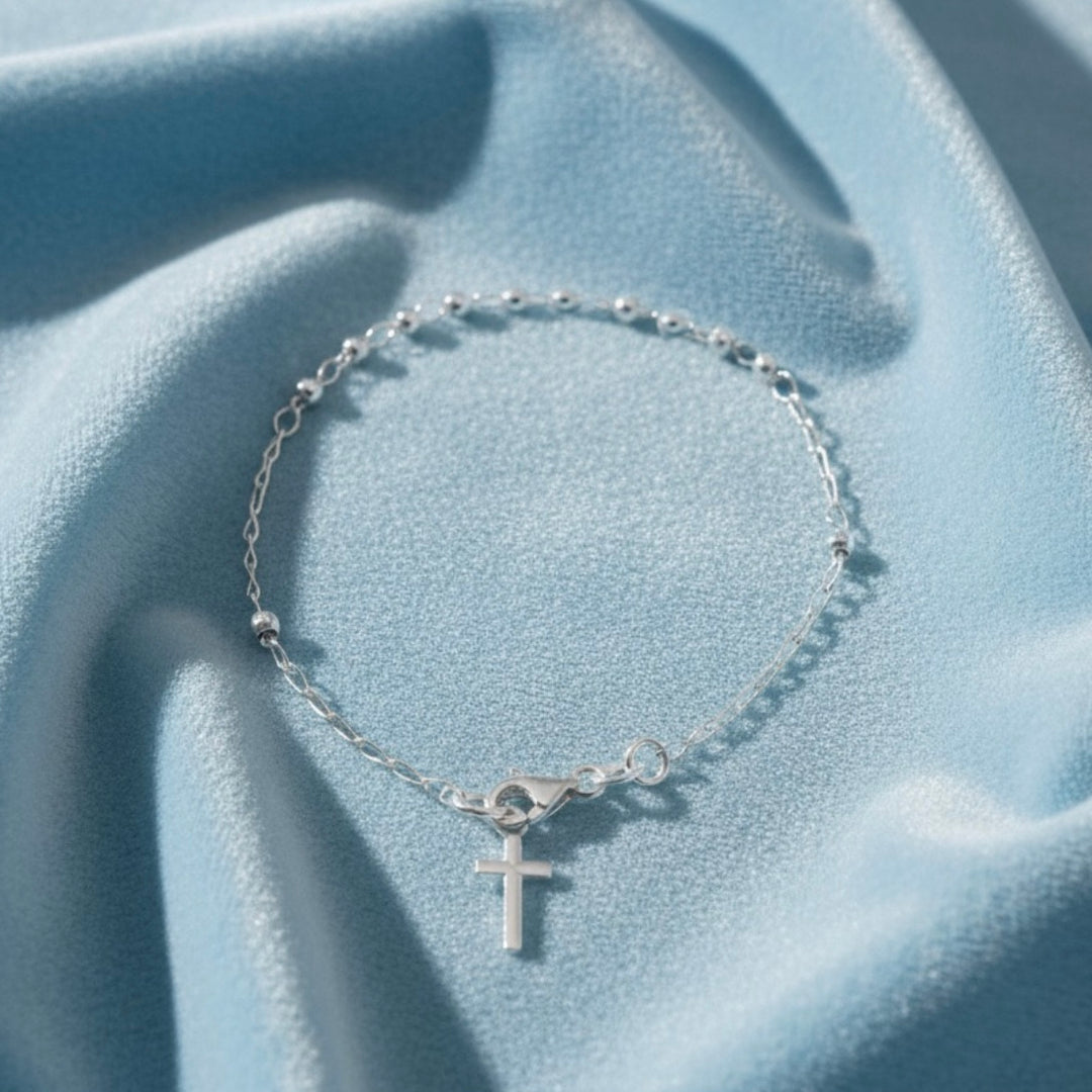 Pulsera Cruz Bola Diamantada 3mm Plata 925