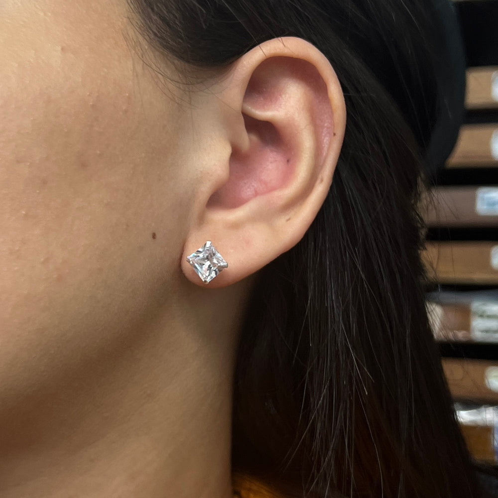 ▷ Aretes Chispas Cuadradas 8MM Blancas | Plata 925 | Nicola Joyería 🇨🇷
