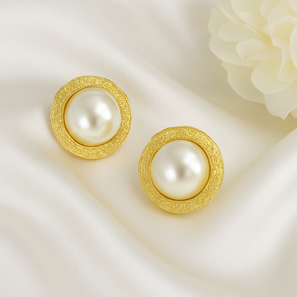 Aretes de Acero Prensa Dorada Perla Eterna