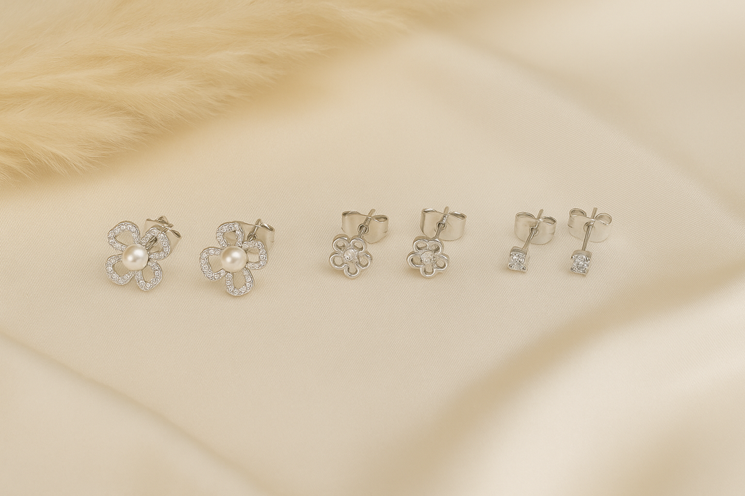 Trío de Aretes Acero Plateado 🌸