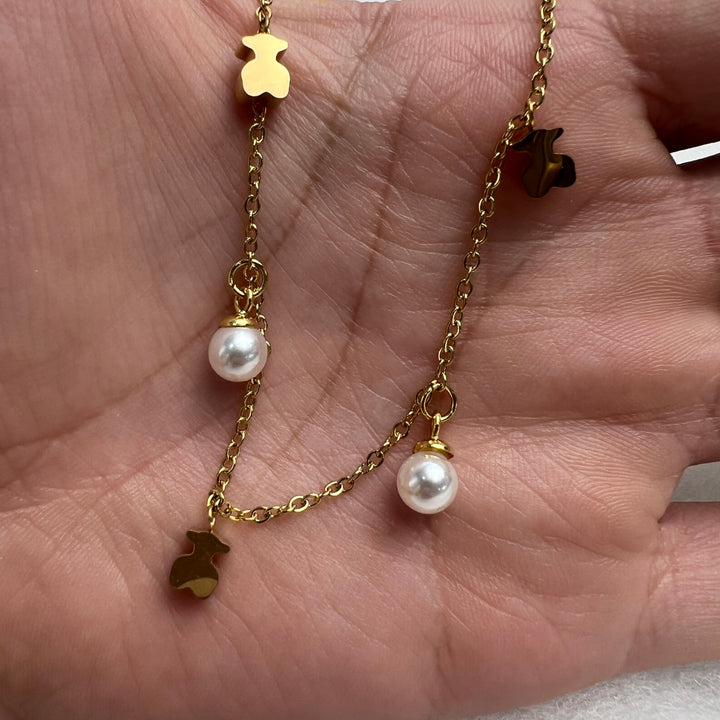 Tobillera Acero oso y perlas Dorada🧸