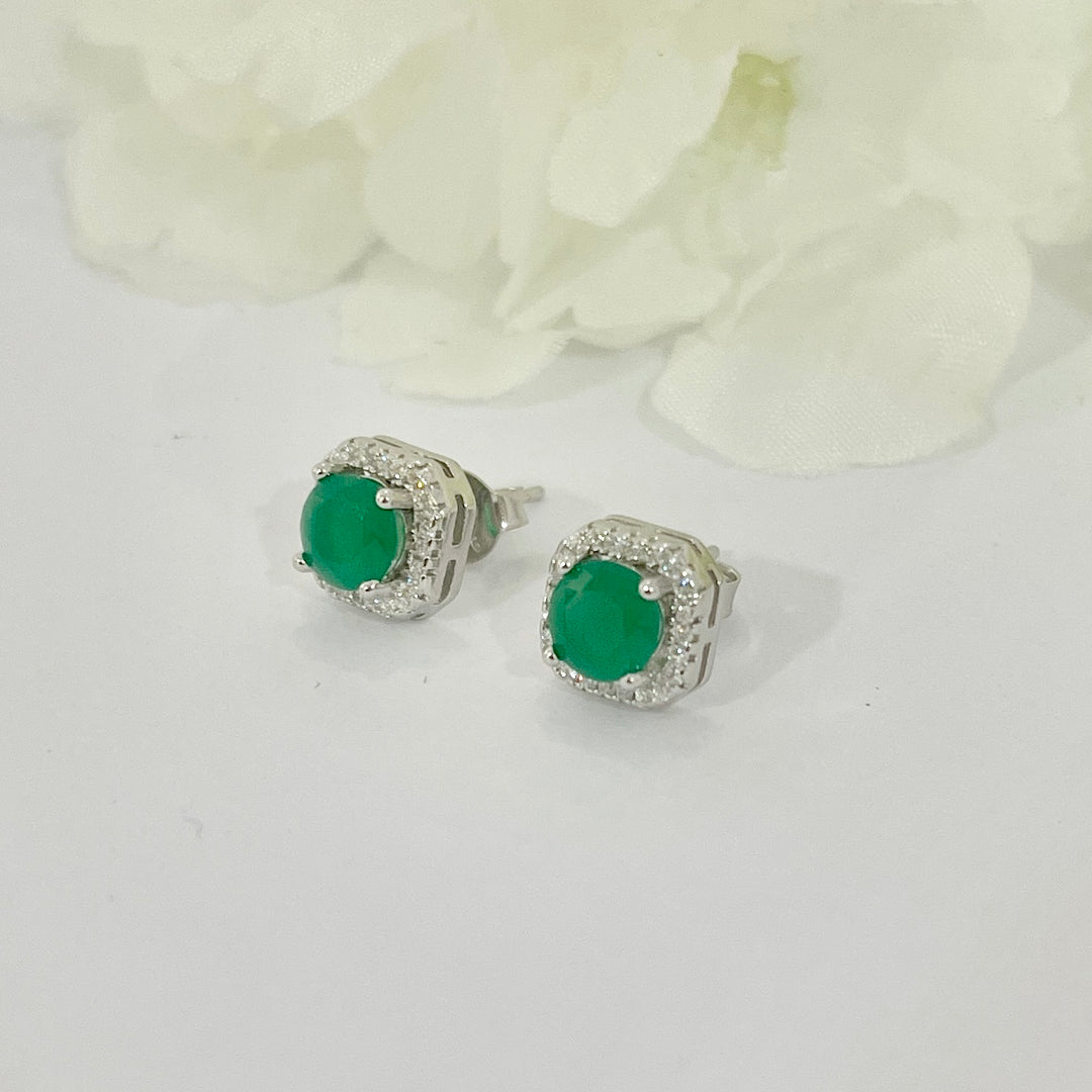 Aretes de Plata Cuadro Verde 8MM