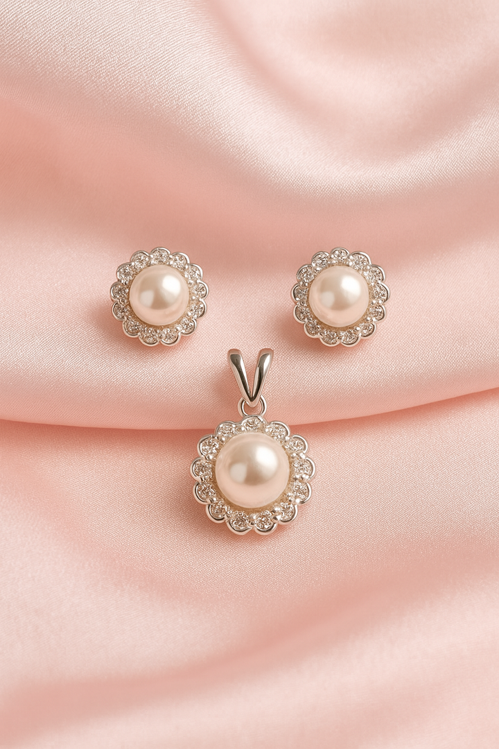 Juego Plata Perlas Flor Muchos Pétalos 💐