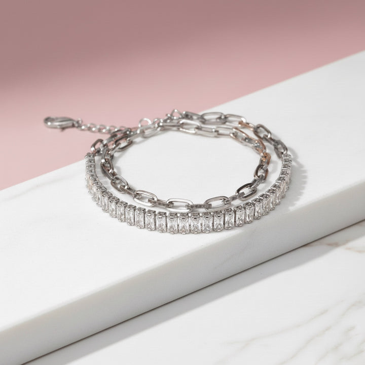 Pulsera Acero ✨ Doble Baguettes Plateada