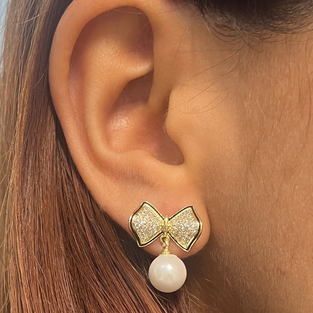 Aretes Acero Lazo🎀 con perla colgante