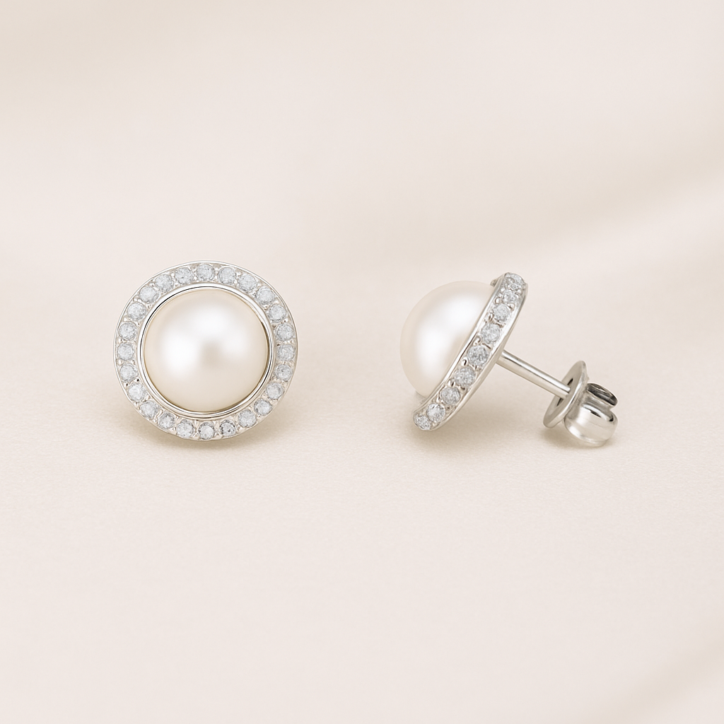 Aretes de Acero Plateado Perla Celestial