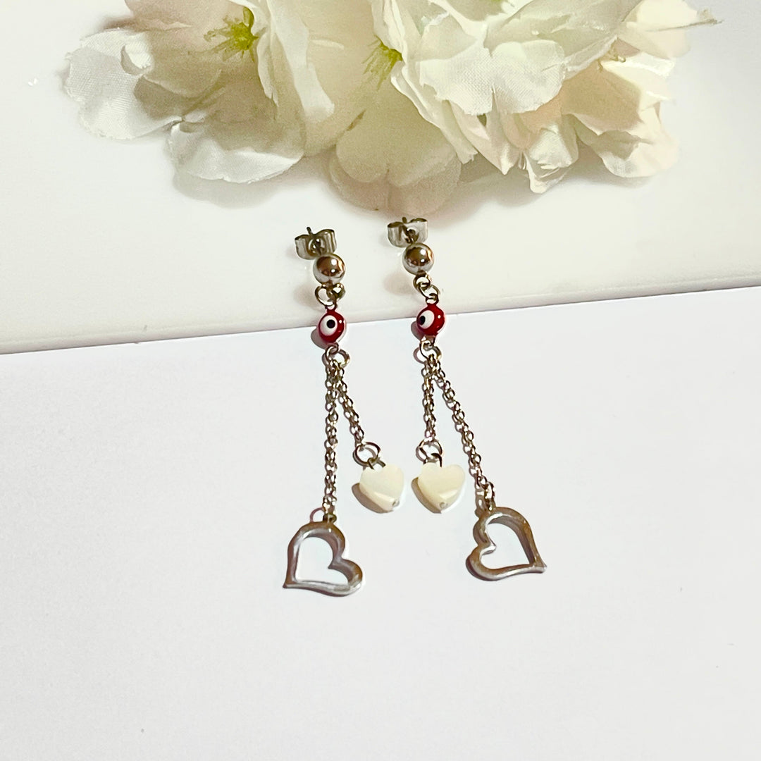 Aretes de Acero Largo ojo Turco Rojo corazón ♥️