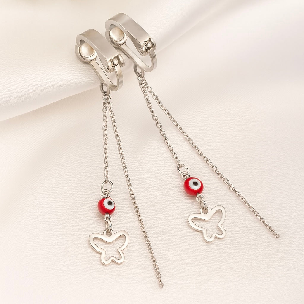 Aretes de Acero Largo ojo Turco Rojo Mariposa 🦋