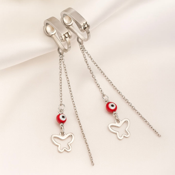 Aretes de Acero Largo ojo Turco Rojo Mariposa 🦋