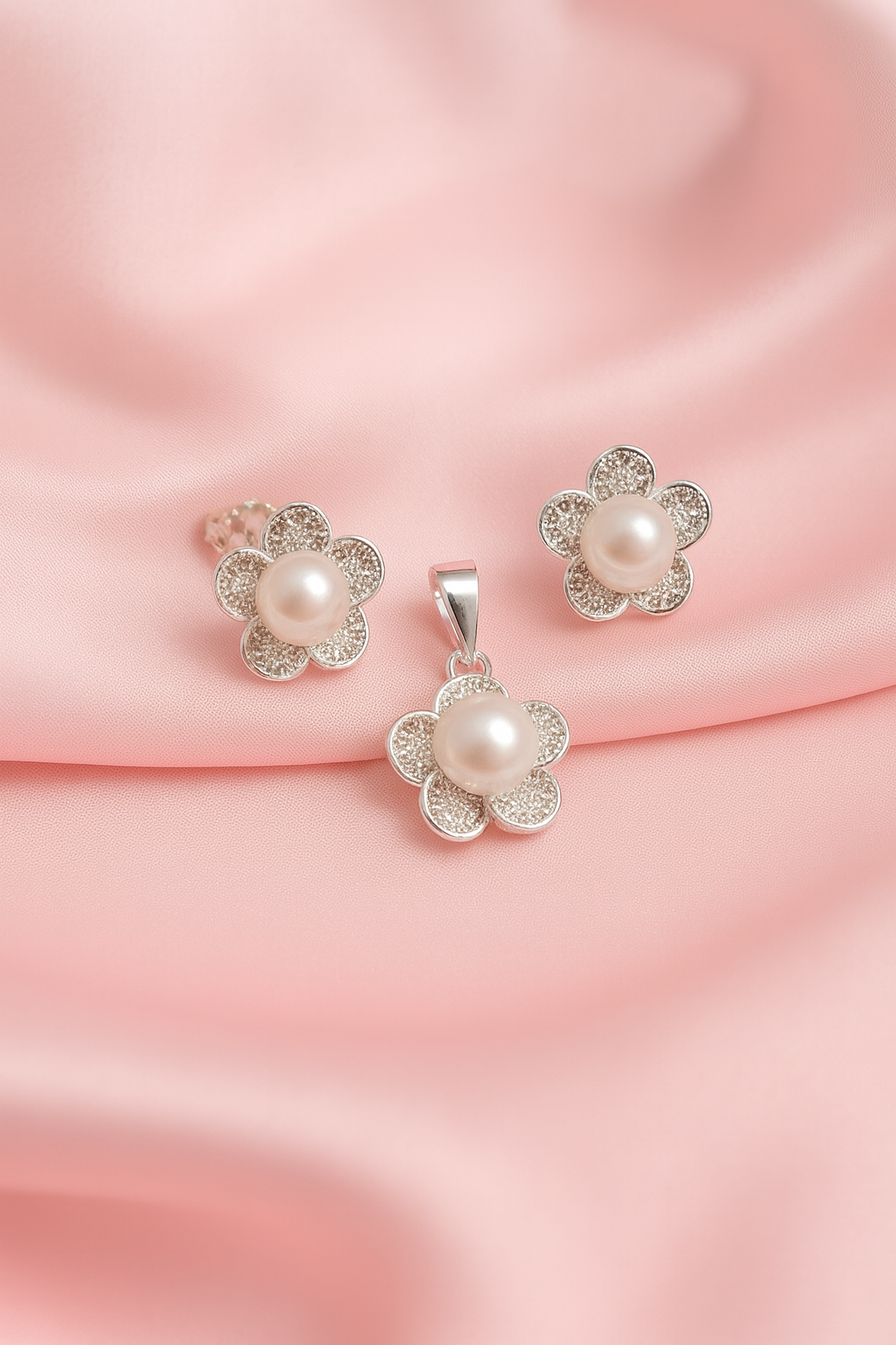 Juego Plata Perlas Flor Cinco Pétalos Grande