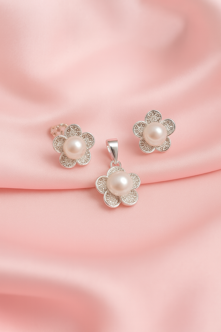 Juego Plata Perlas Flor Cinco Pétalos Grande