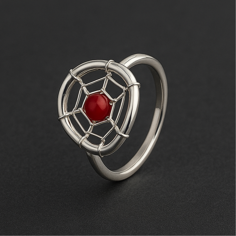 Anillo de Plata Atrapasueños centro Rojo