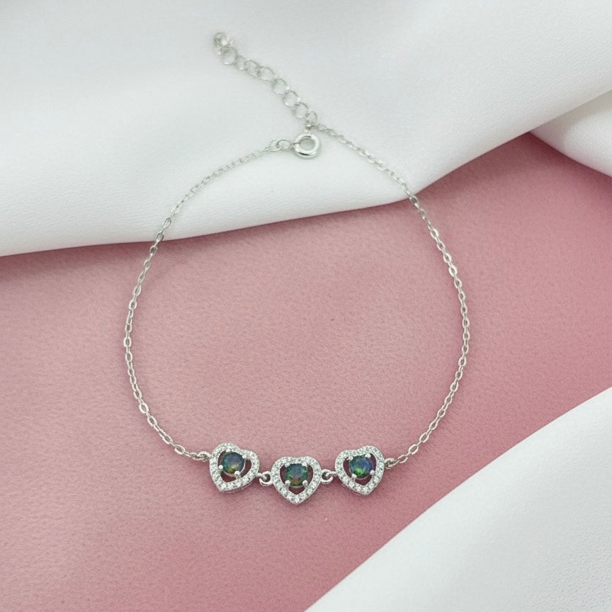 Pulsera Plata Triple Corazón Topacio Místico